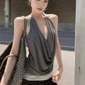 拼接假两件垂荡吊带上衣